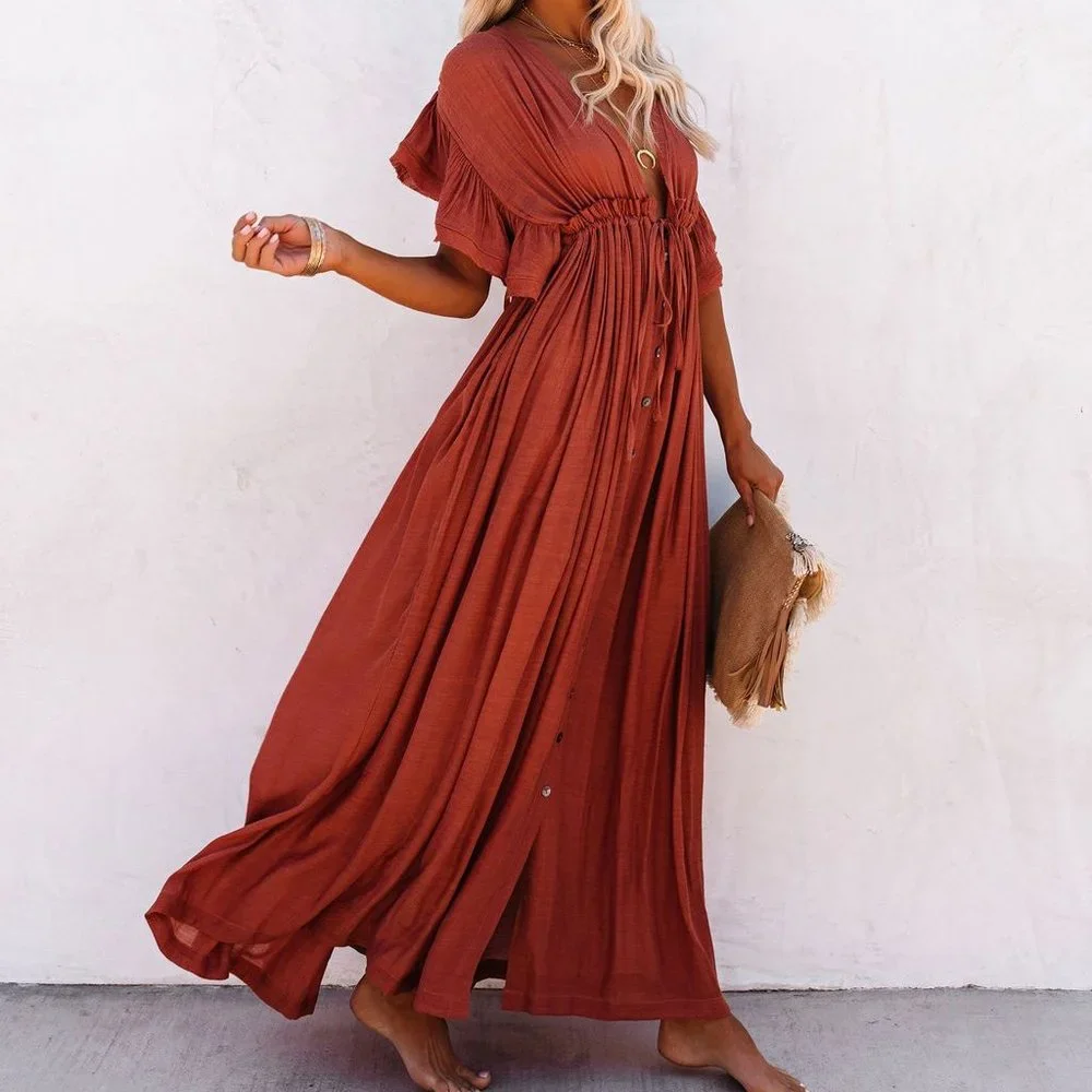 New Bohemian Long Gauze Maxi Summer Dress Red - Picture 4 of 10